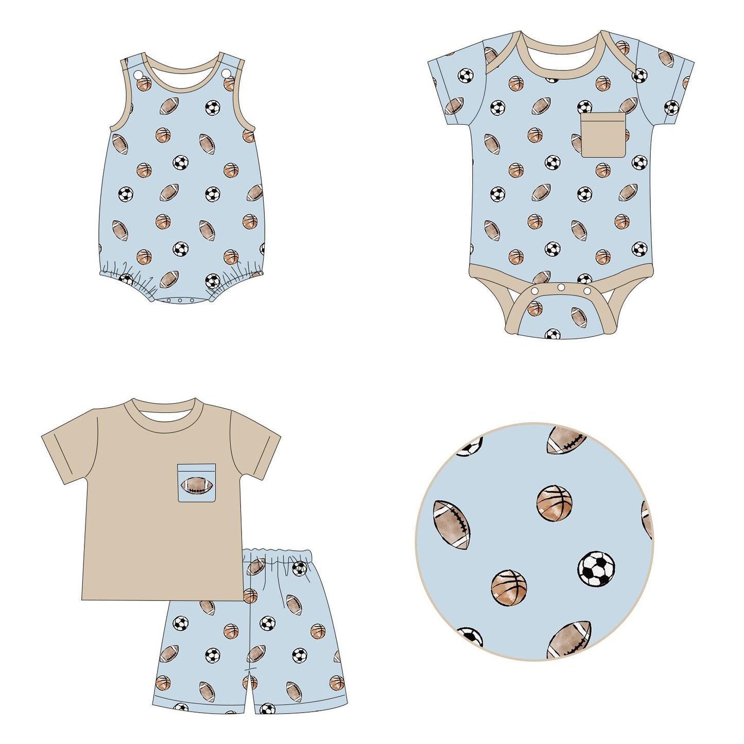 5.11custom each style moq 5eta 4-5week Sibling Sister rugby football basketball prints blue-gray boys outfits and baby romper match family design