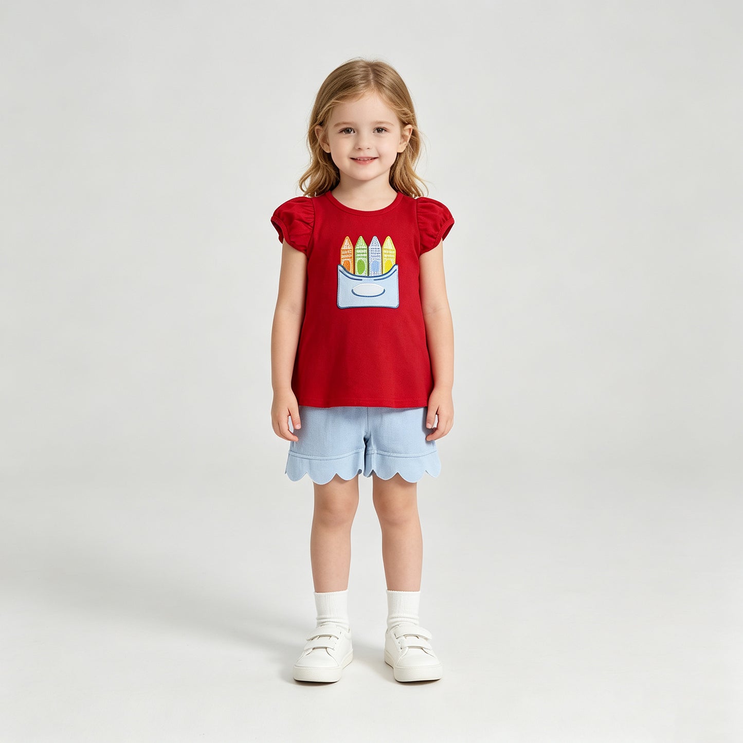 NEW RTS NO MOQ milk silk GSSO3727 Embroidery Baby Girls Pencils Tunic Scallop Shorts Outfit Set Back to School Cute Clothing(2T-14-16T）