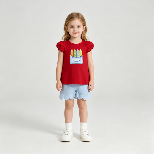 NEW RTS NO MOQ milk silk GSSO3727 Embroidery Baby Girls Pencils Tunic And Scallop Shorts Outfit Set for Back to School Cute Clothing(2T-14-16T）