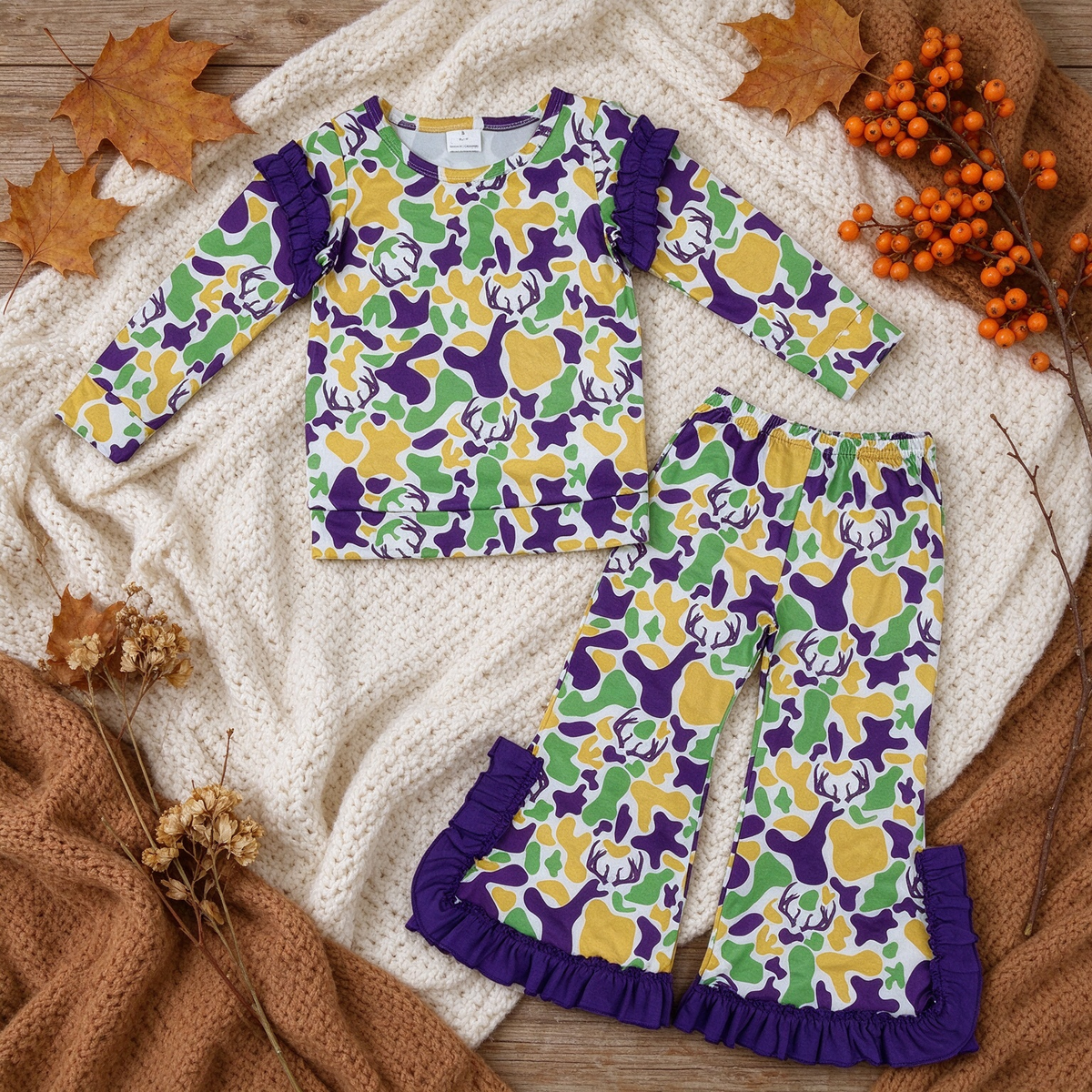 NEW RTS NO MOQ milk silk GLP3872 Baby Girls Purple Long Sleeve Deer Camo Top Bell Bottom Pant Set