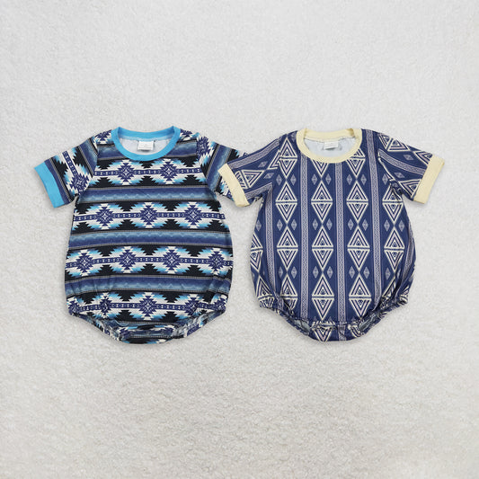 RTS NO MOQ Sibling milk silk Baby Boys Western Aztec Print Short Sleeve One Piece Rompers