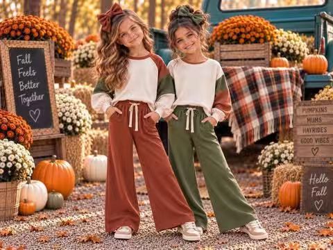 (Preorder new) No moq cotton Baby Girls Brown Olive Patchwork Button Shirt Pockets Flare Pant Cotton Clothes Set