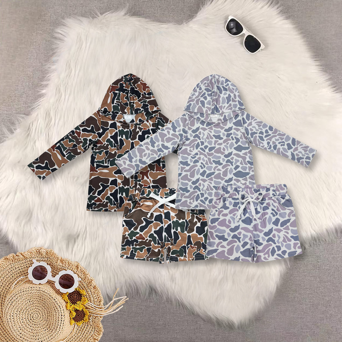 RTS NO MOQ Sibling baby boy clothes camouflage hooded long sleeved sets