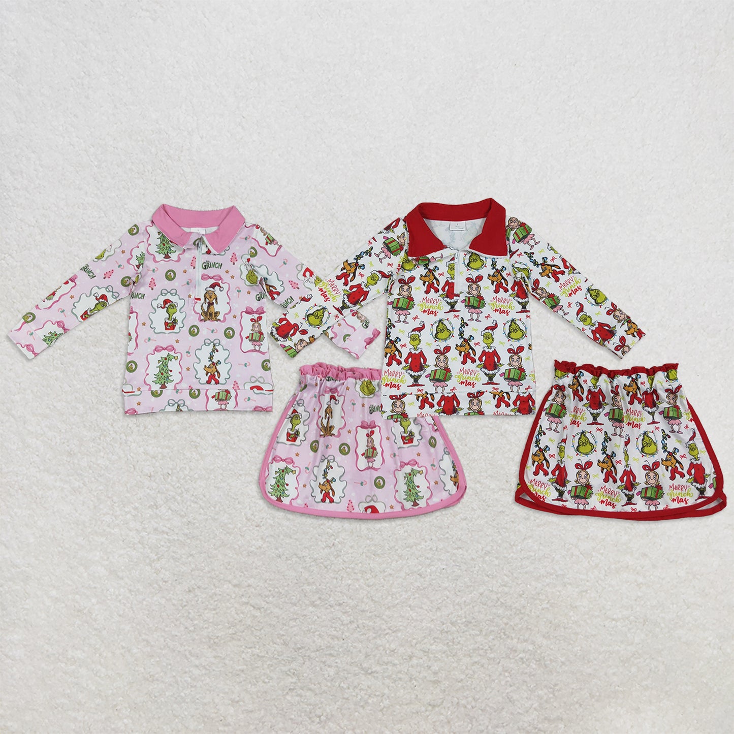 RTS NO MOQ Sibling milk silk Baby Girls Long Sleeve Zip Top Skort Holiday Casual Christmas Clothes Set