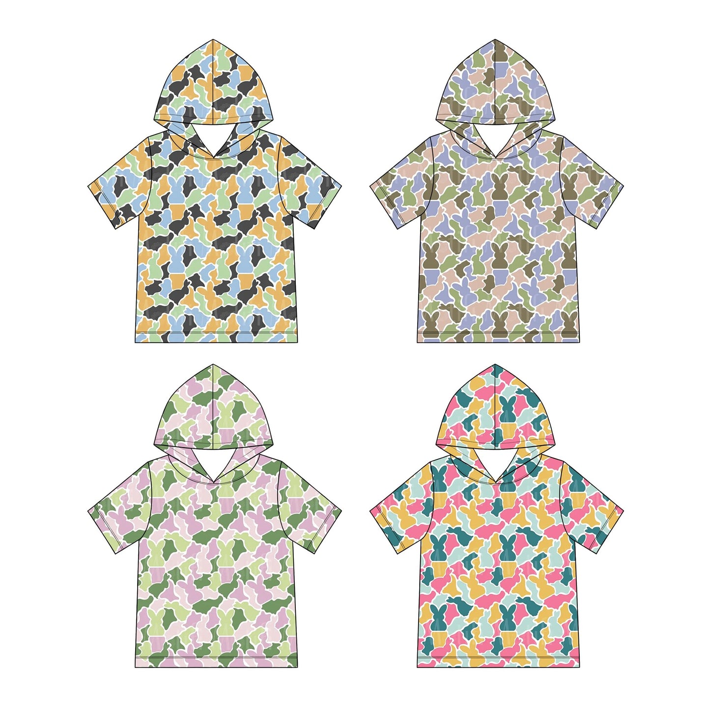 (Preorder new) No moq Baby Boys Camo Easter Bunny Print Short Sleeve Hooded T‑Shirt