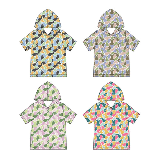 (Preorder new) No moq Baby Boys Camo Easter Bunny Print Short Sleeve Hooded T‑Shirt