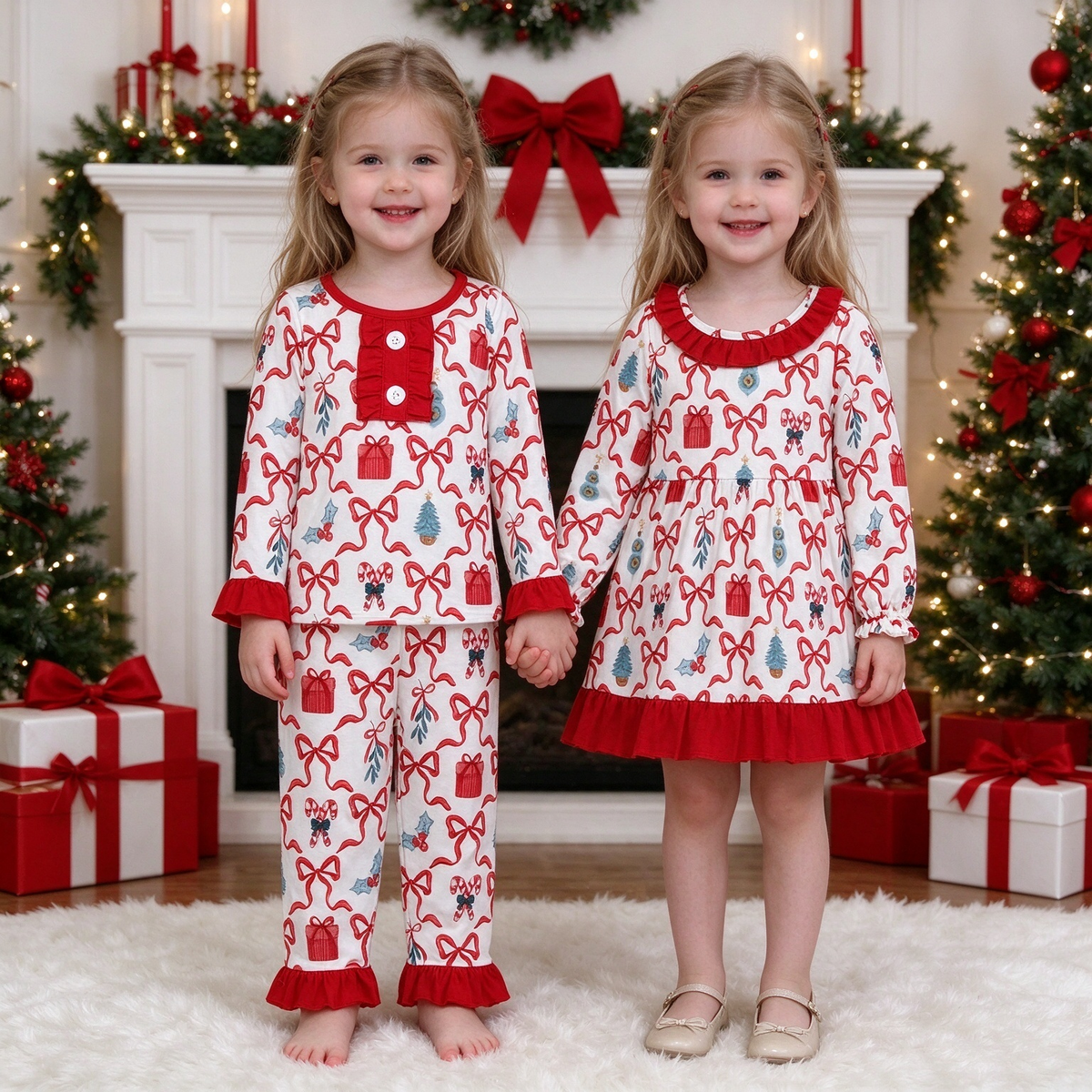 Baby Girls Christmas Bow Print Collection - Ruffle PJ Set & Ruffle Dress