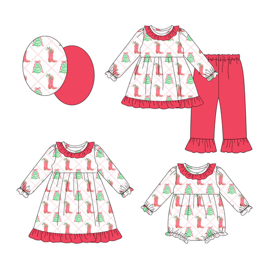 25.7.31 custom each style moq 5eta 4-6week Sibling Sisters Christmas trees boots bow baby girl long sleeve pants sets and dress and rompers match family design