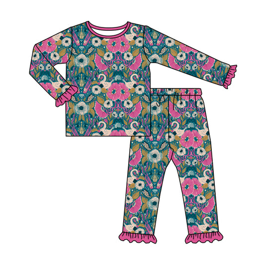 6.8 custom each style moq 5eta 4-6week Sibling Sister floral purple baby girls pajamas sets and dress and baby romper match family design