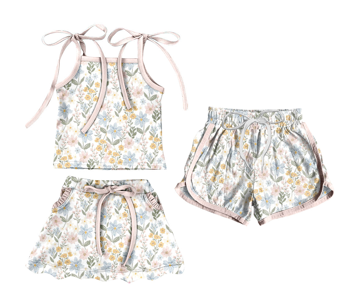 3.20 Custom moq 5 mix size Sibling Baby Girl's Flowers Strap Top And Skirt Set with Matching Drawstring Shorts Outfit