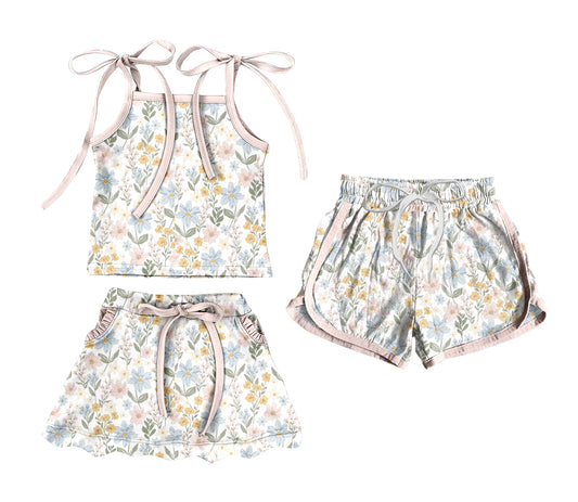 3.20 Custom moq 5 mix size Sibling Baby Girl's Flowers Strap Top And Skirt Set with Matching Drawstring Shorts Outfit