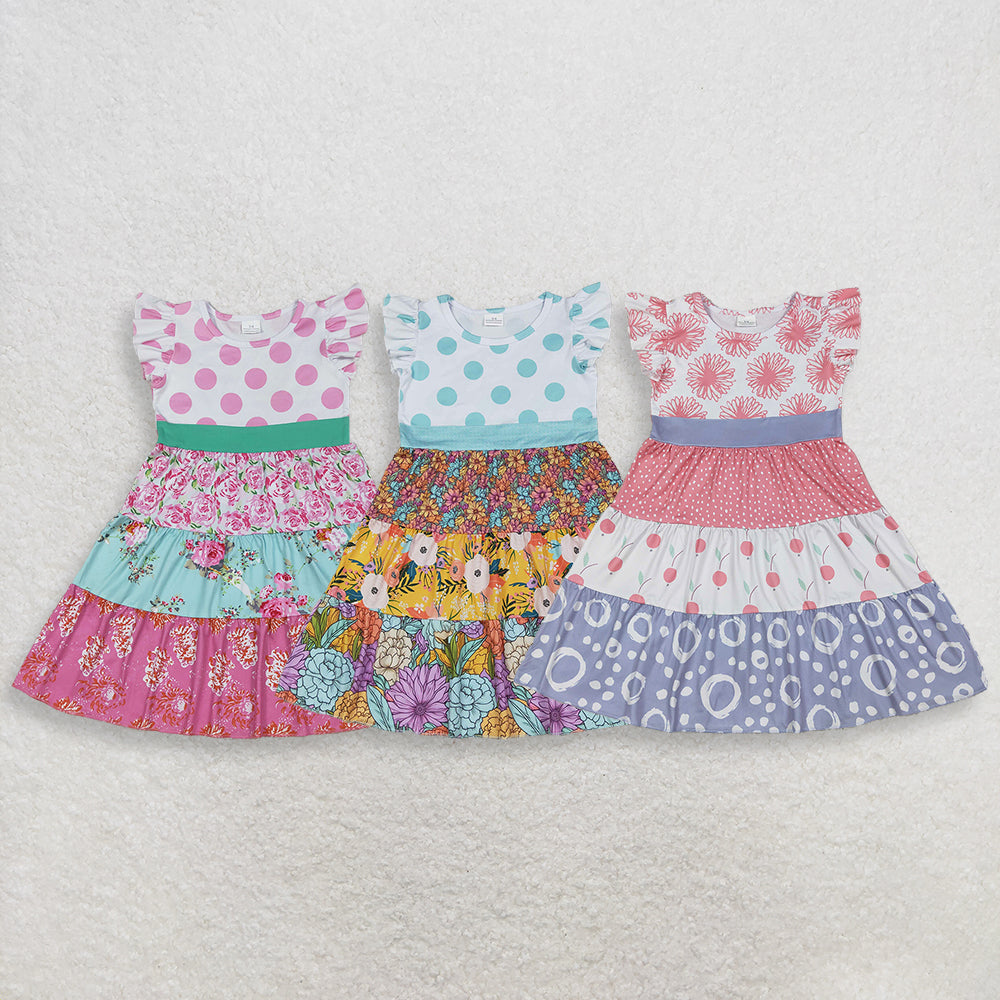RTS NO MOQ Sibling Baby Girls Flowers Patchwork Flutter Sleeves Knee-Length Dress