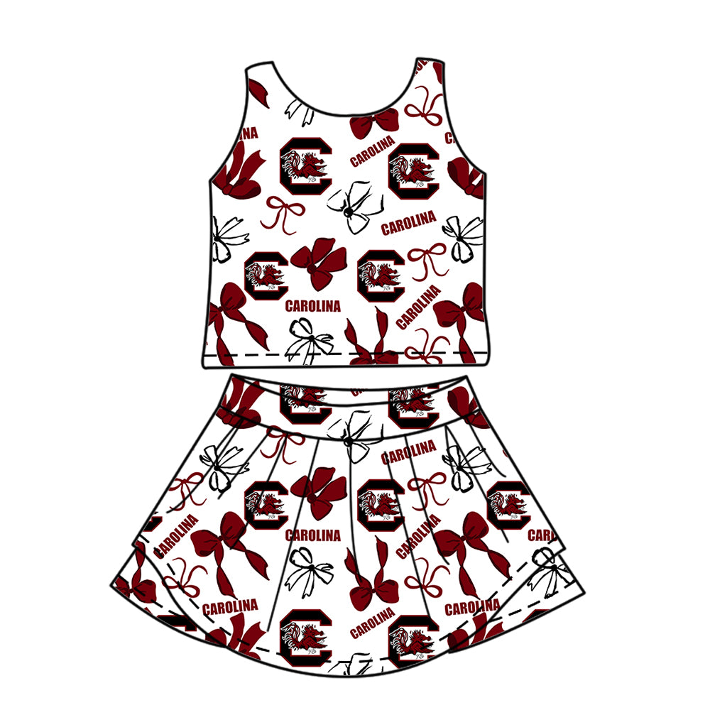 Custom moq 5 mix size milk silk summer teams Baby Girls Red  Bow Vest Top Skirt Shorts Sets Sleeveless Yoga Knee Length Dresses Yoga Shorts
