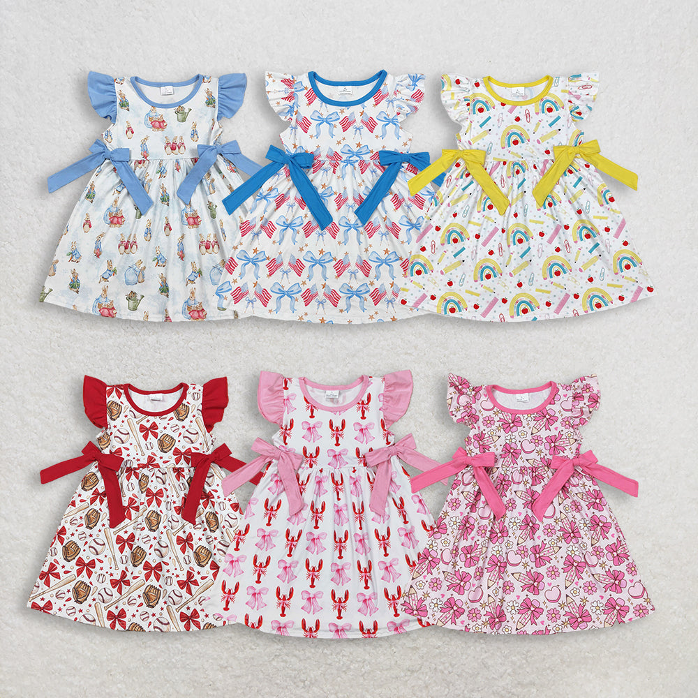 RTS NO MOQ Sibling Baby Girls Knee-Length Dress with Flutter Sleeves And Bows