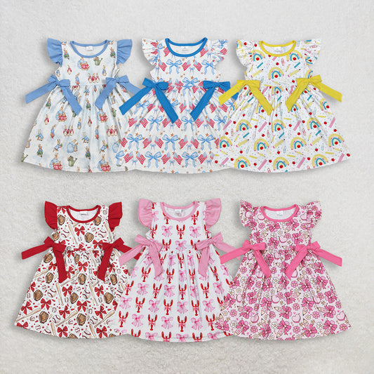 RTS NO MOQ Sibling Baby Girls Knee-Length Dress with Flutter Sleeves And Bows