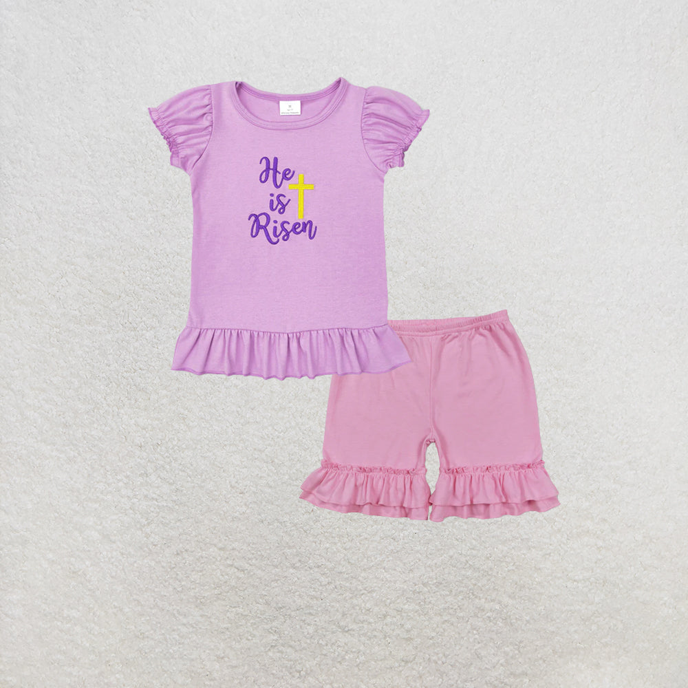 RTS NO MOQ GT0393+SS0181 Baby Girls Easter Cotton Embroidery Short Sleeve Shirt Tops Set