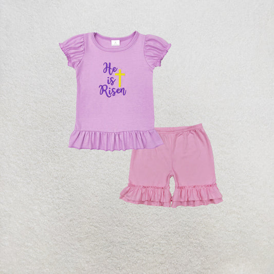 RTS NO MOQ GT0393+SS0181 Baby Girls Easter Cotton Embroidery Short Sleeve Shirt Tops Set
