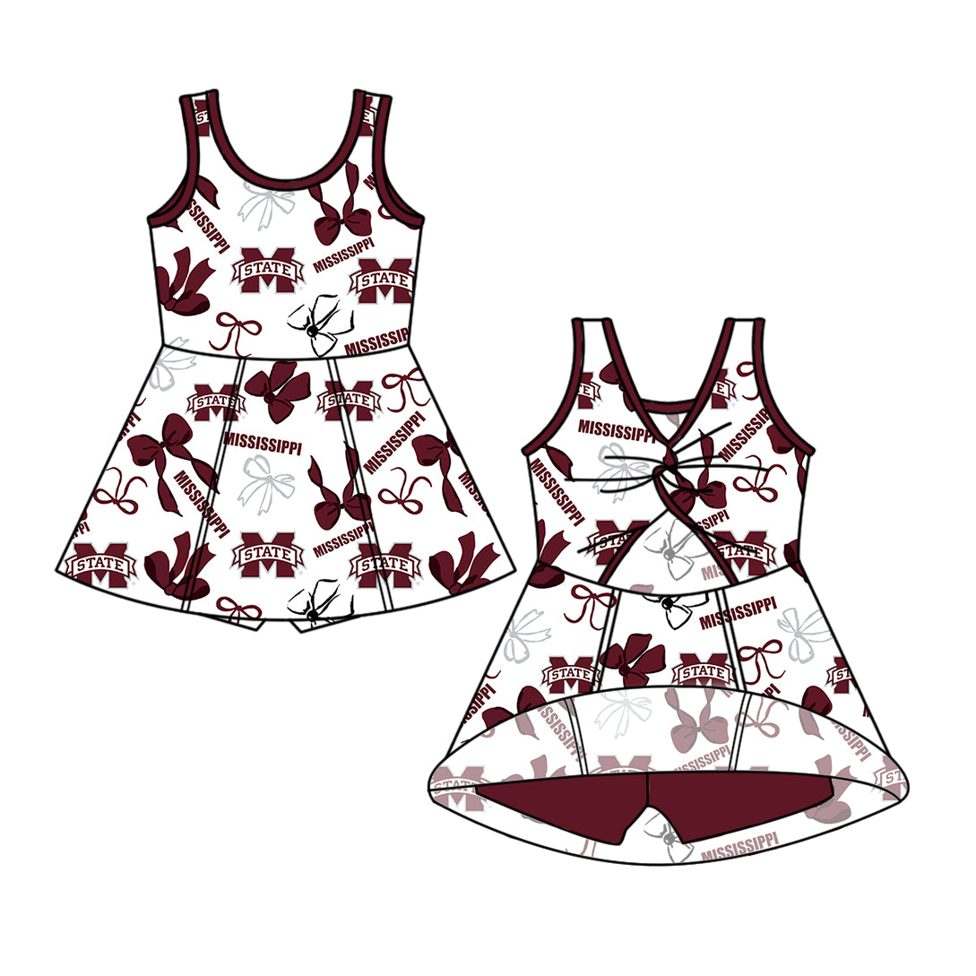 Custom moq 5 mix size milk silk summer teams Dark Red Bow Baby Girls Vest Top Skirt Shorts Sets Sleeveless Yoga Knee Length Dresses Yoga Shorts