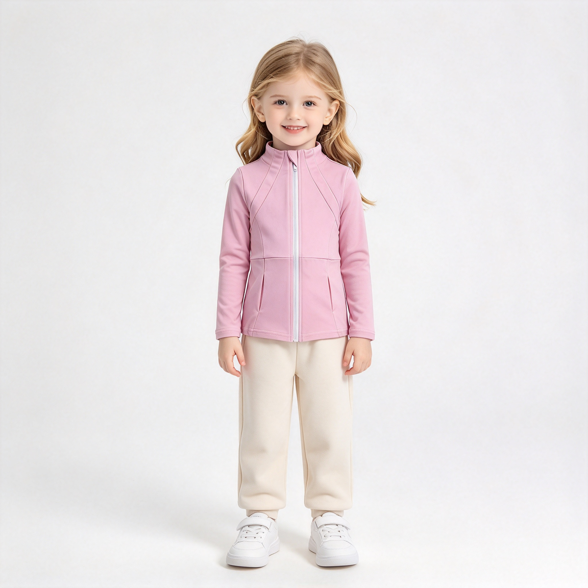 RTS NO MOQ Sibling yoga fabric cotton Baby Girls Solid Full Zip Stand Collar Long Sleeve Jacket With Side Pockets Yoga Jacket