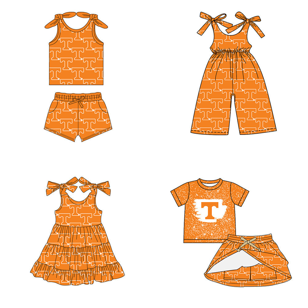Custom moq 5 mix size milk silk summer teams baby girls clothes team orange sleeveless shorts sets and skirts sets and dress and jumpsuit-25.7.15