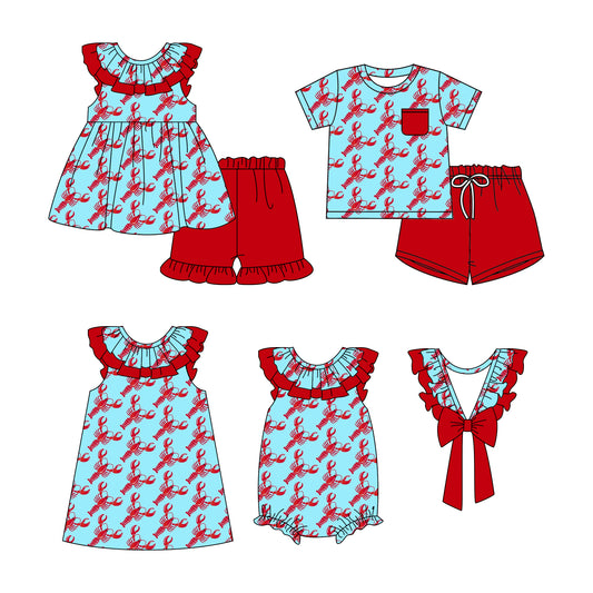 11.28 custom each style moq 5eta 4-6week Sibling Sister crayfish red baby girl short sleeve shorts sets and sets 2 and girls romper and dress match design
