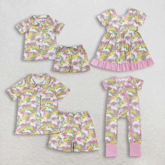 RTS baby girls clothes and adult summer bunny camouflage short sleeve shorts sets and dress and romper and adult Short sleeve Shorts sets