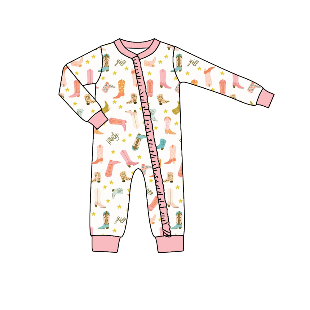 5.21custom each style moq 5eta 4-5week Sibling Sister Western boots printed with white and pink lace blue girls and boys outfits and baby romper match family design