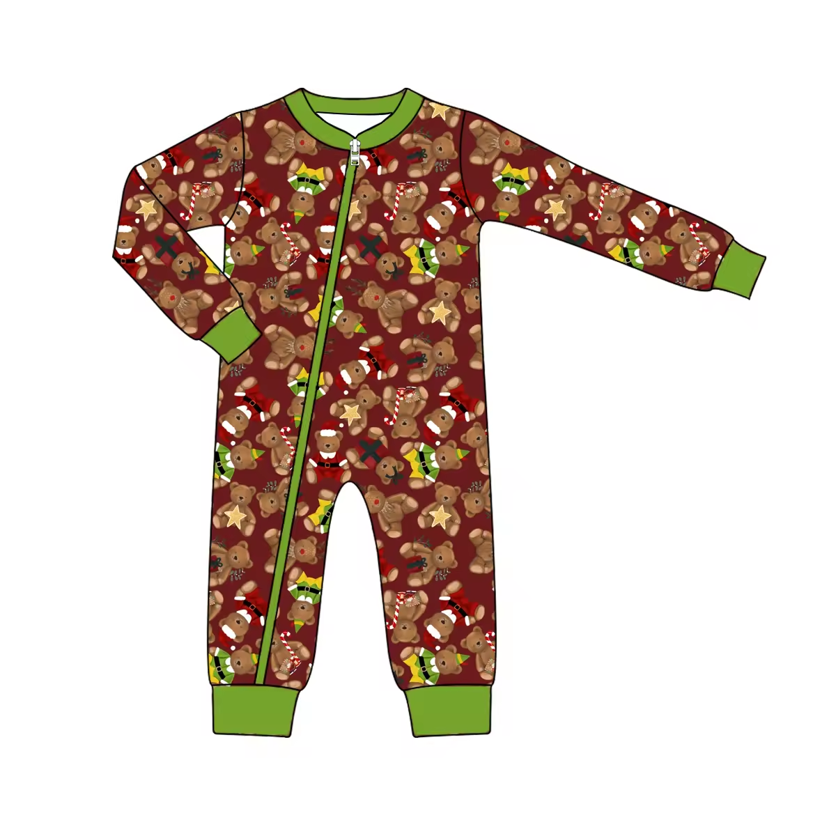 Custom moq 3 eta 6-8 weeks Long-sleeved brown Christmas bear dark red romper