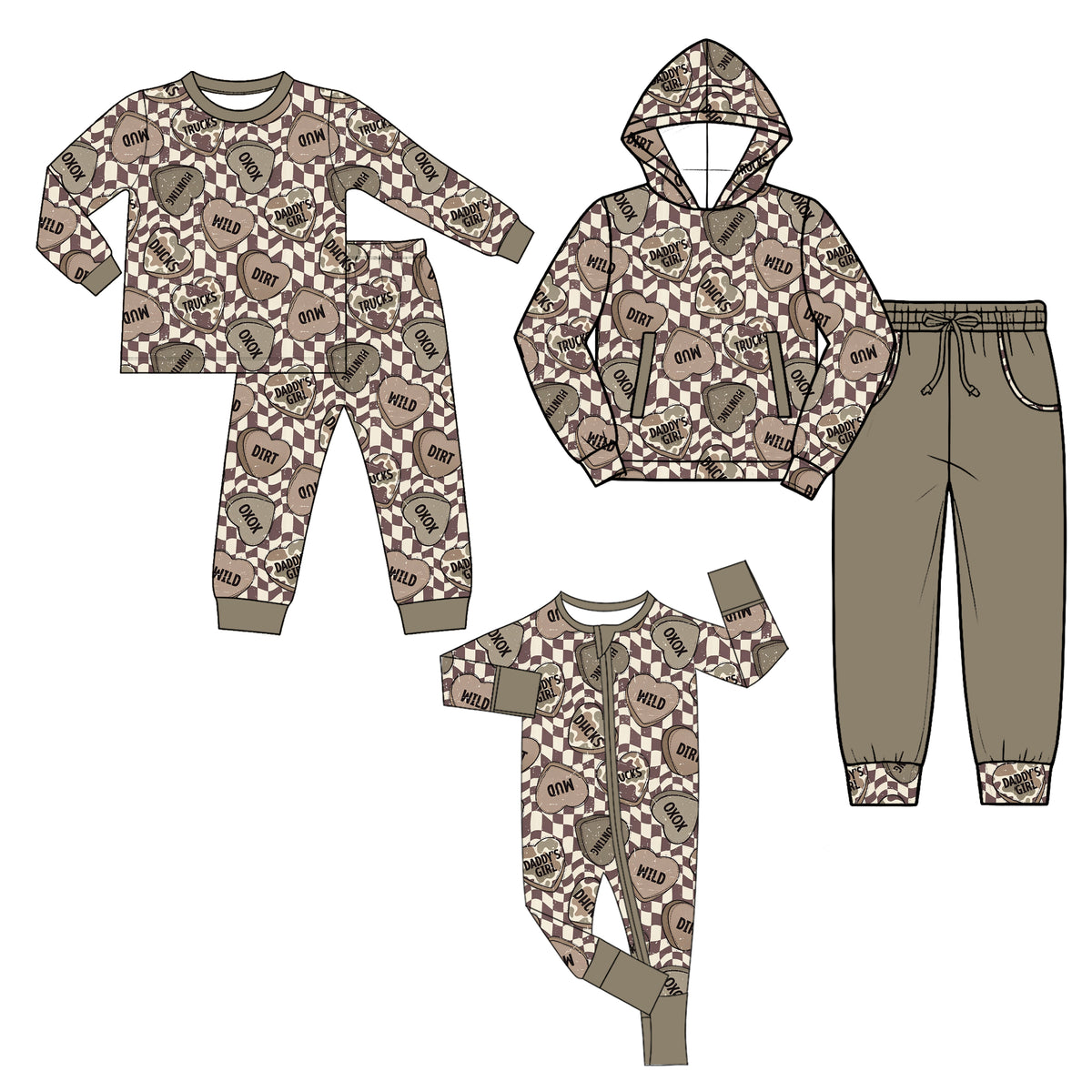(Preorder new) No moq Baby Boys Brown Checker Heart Print Outfit Long Sleeve Tee Pant Hoodie Jogger And Zipper Romper