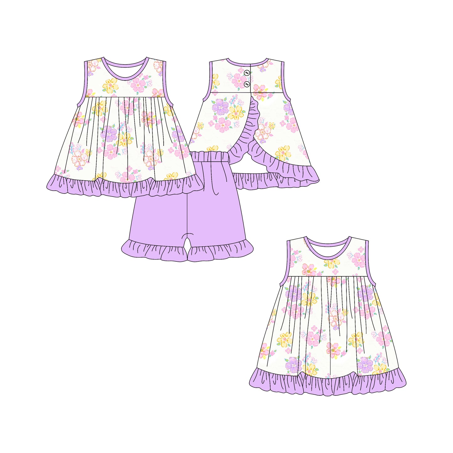 2.25 custom each style moq 5eta 4-6week Sibling Sister floral baby girl short sleeve shorts sets and dresses match design