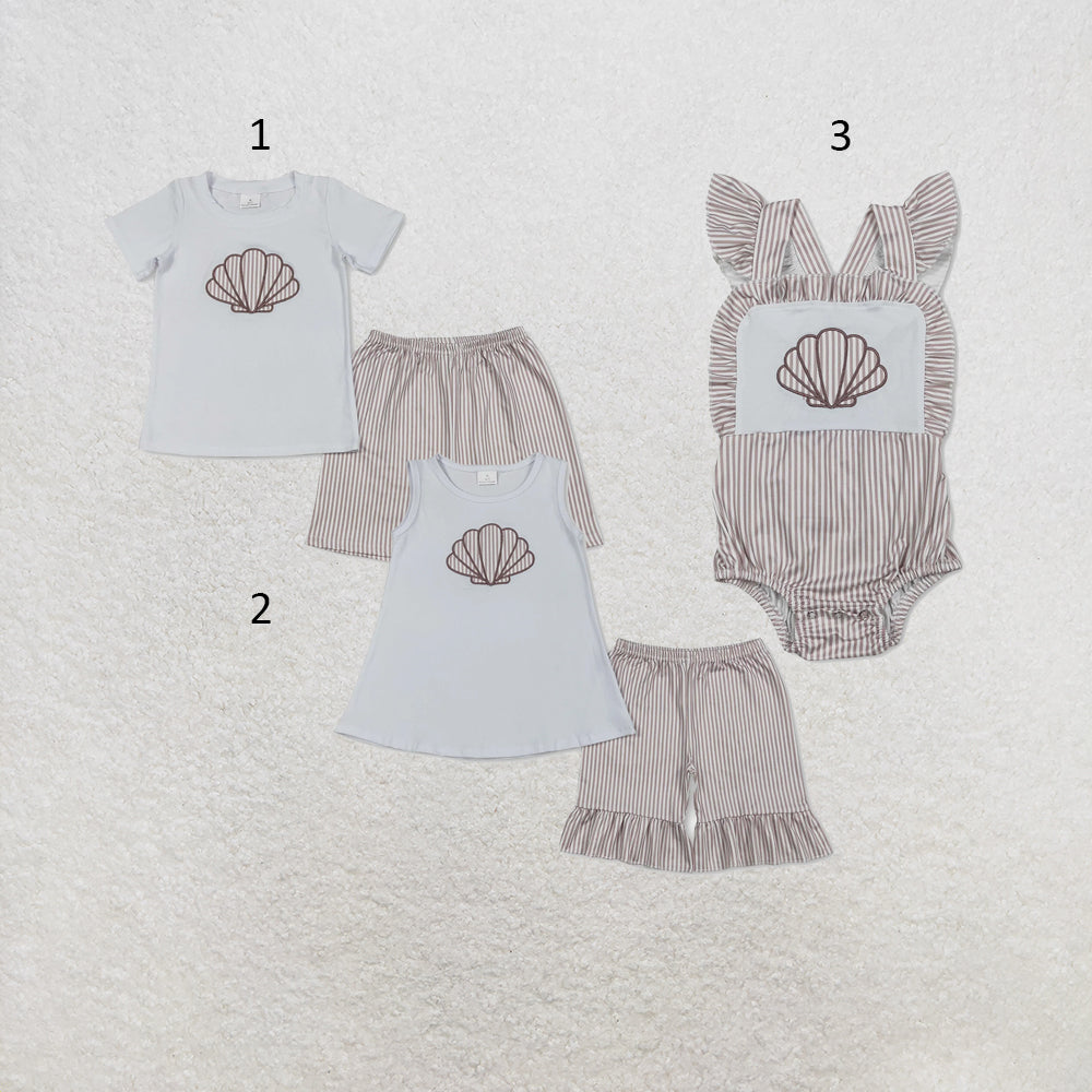 RTS NO MOQ Sibling milk silk Baby Girl Boys Embroidery Shell Stripe Top Shorts Two Piece Set Rompers