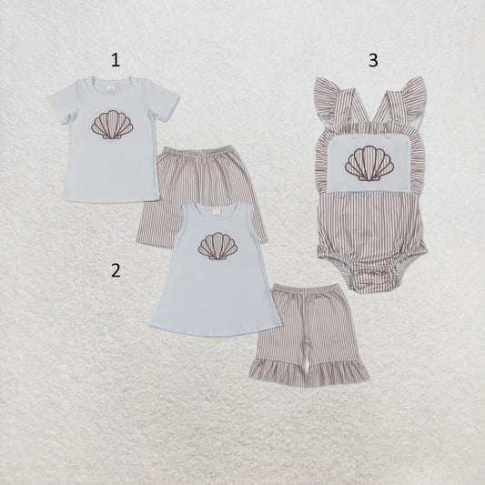 RTS NO MOQ Sibling milk silk Baby Girl Boys Embroidery Shell Stripe Top Shorts Two Piece Set Rompers