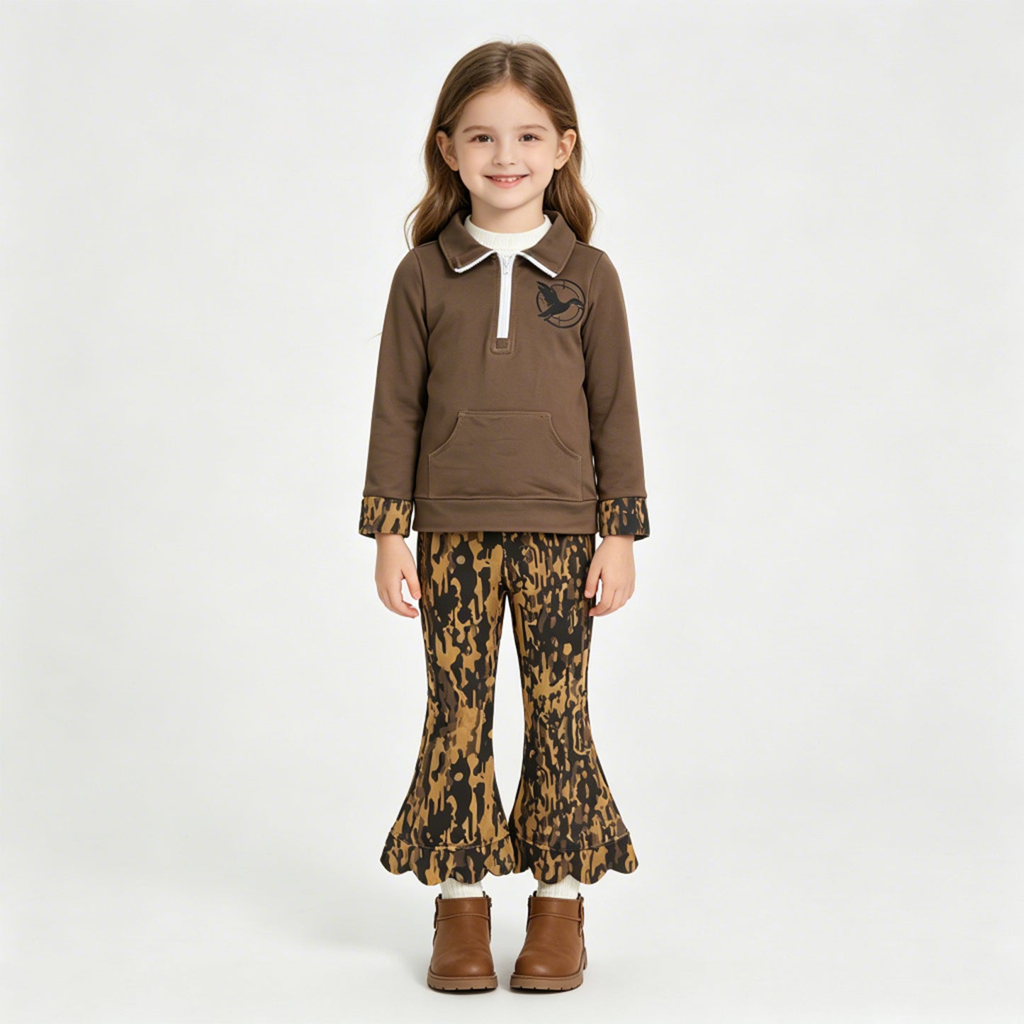 NEW RTS NO MOQ milk silk GT1698+P1039 Baby Girls Long Sleeve Ducks Zip Pocket Hunting Pullovers  Southern Leaves Camo Scallop Bell Bottom Pants Set