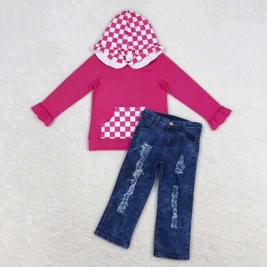 NEW RTS NO MOQ Denim GT1851+ P0197 Baby Girls Hot Pink Checkered Ruffle Hoodie With Pocket Distressed Navy Blue Denim Pants Set