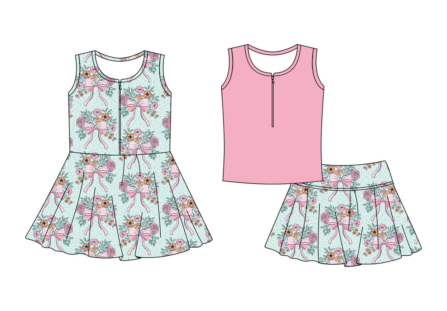 Custom moq 5 mix size Sibling Floral print Baby Girls' Sleeveless Zipper Yoga Set Skirt Top Set Cute Zipper Yoga Dress for Little Girls