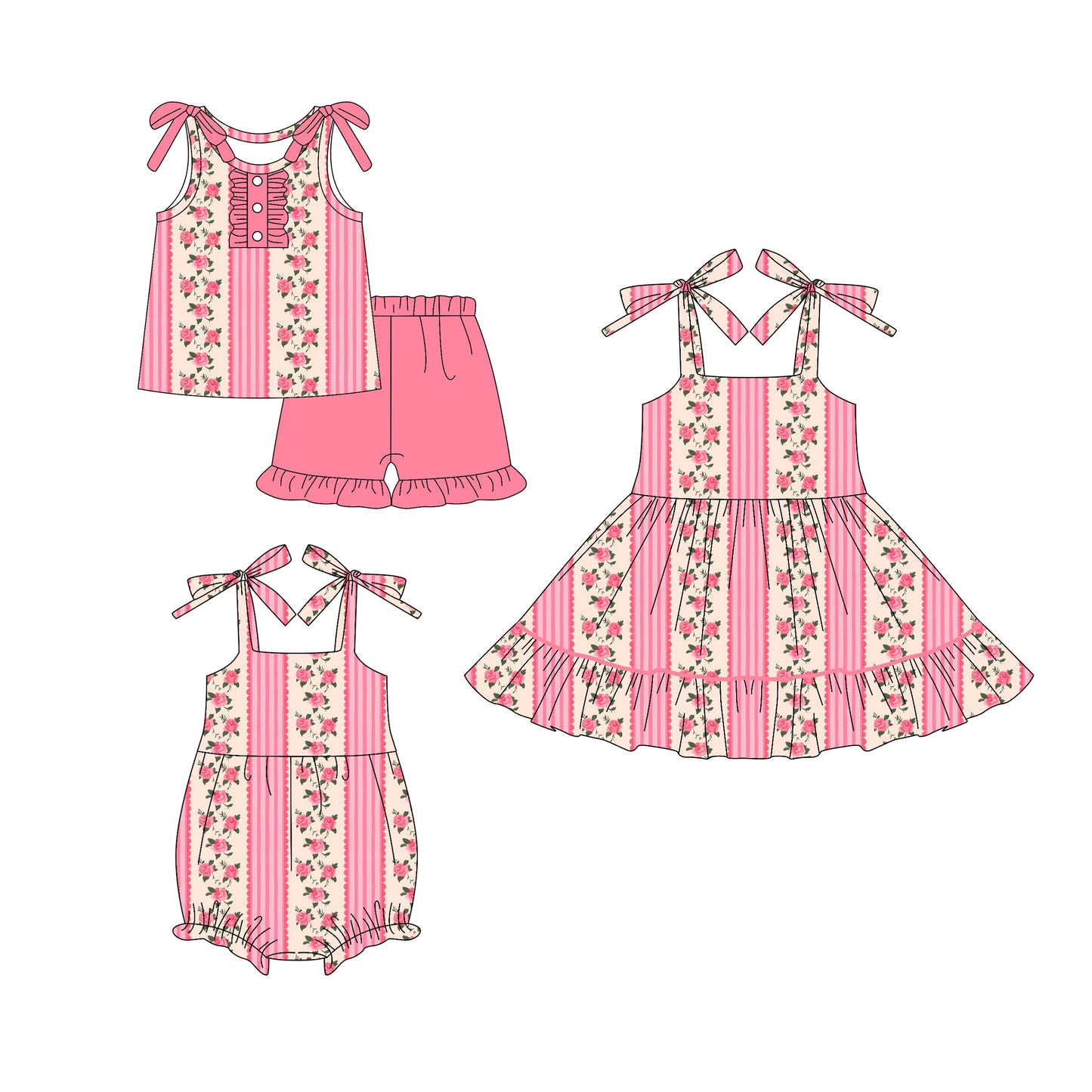 25.11.1 custom each style moq 5 eta 6-8week Sibling Sister floral baby short sleeve shorts sets and romper and dress match design