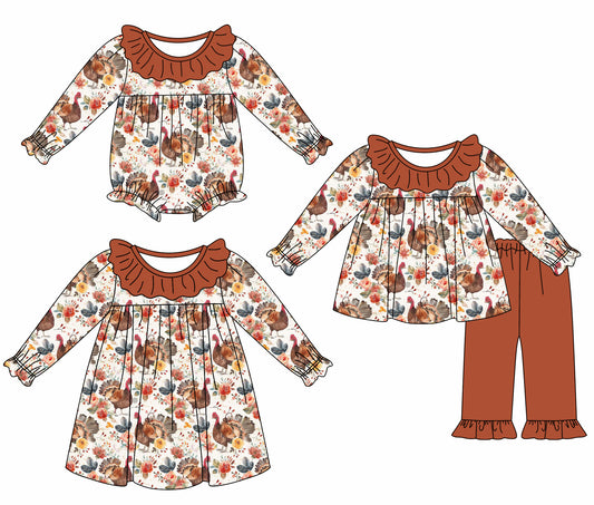 25.6.2 custom each style moq 5eta 4-6week Sibling Sisters turkey baby girl long sleeve pants sets and dress and rompers match family design