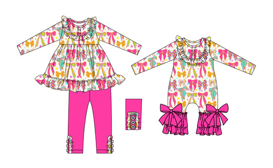 25.5.25 custom each style moq 5eta 4-6week Sibling Sisters bow baby girl long sleeve pants sets and rompers match family design