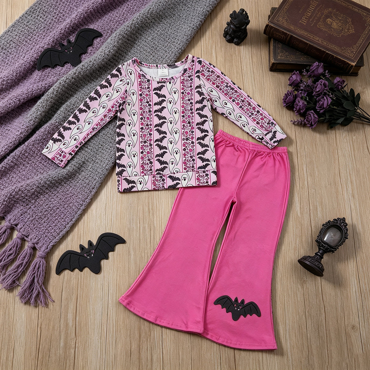 NEW RTS NO MOQ milk silk GLP3537 Baby Girls Pink Ghost Bat Floral Striped Print Long Sleeve Top Hot Pink Flare Bell Bottom Pants Outfit