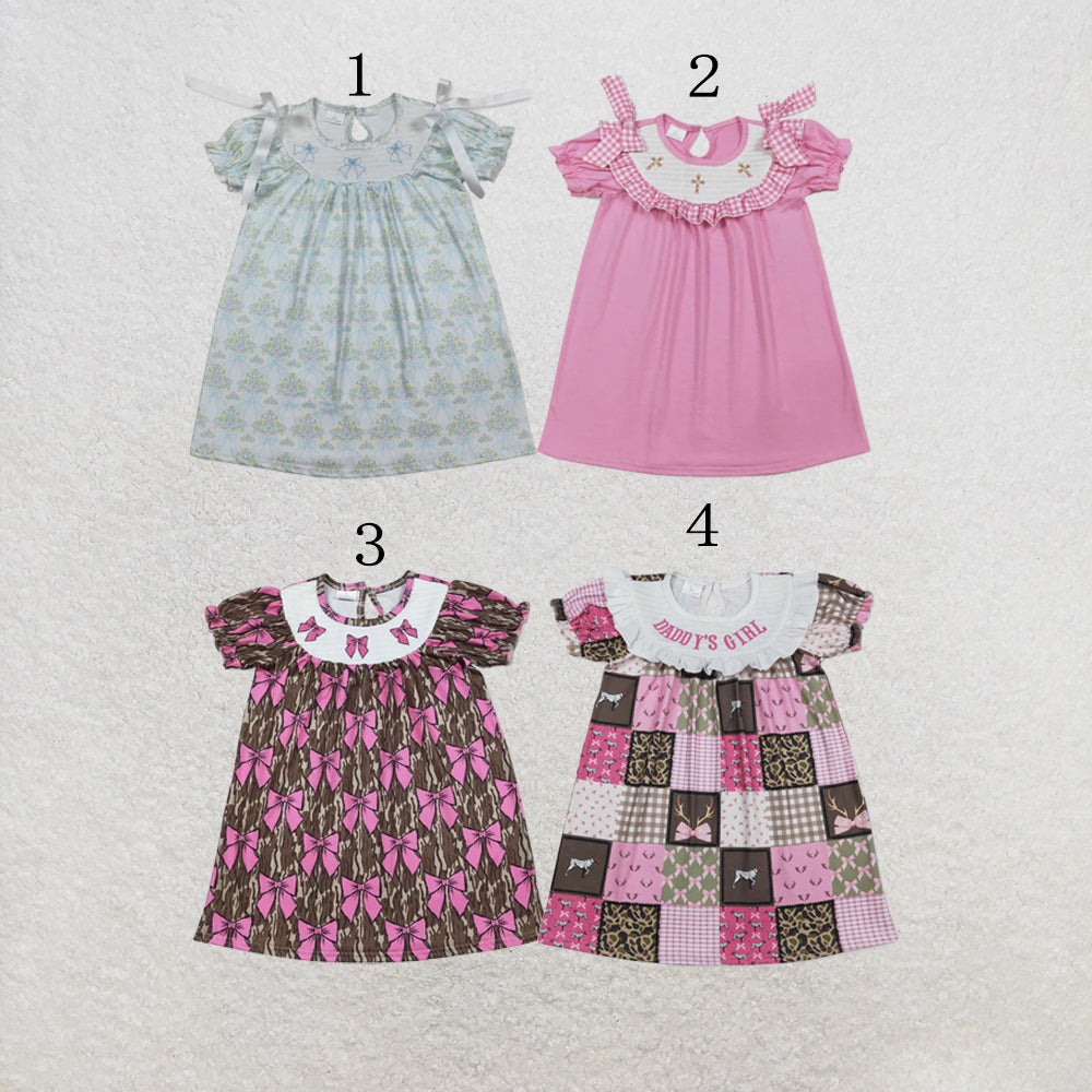 RTS NO MOQ Sibling milk silk Smocked Bows Flower Checked Knee Length Dress