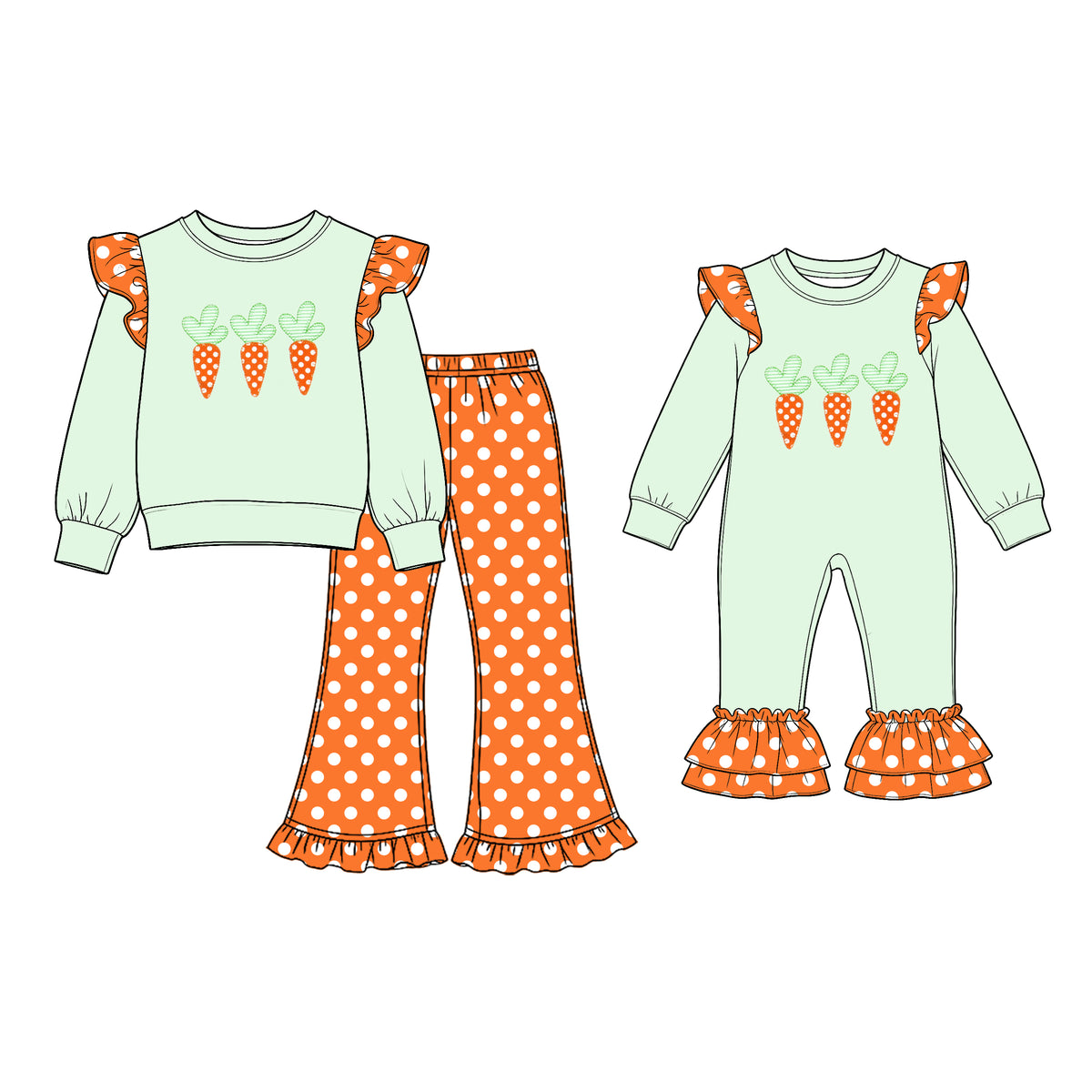 (Preorder new) No moq Baby Girls Mint Green Carrot Print Ruffle Top and Orange Polka Dot Flare Pants Set Ruffle Sleeve Romper