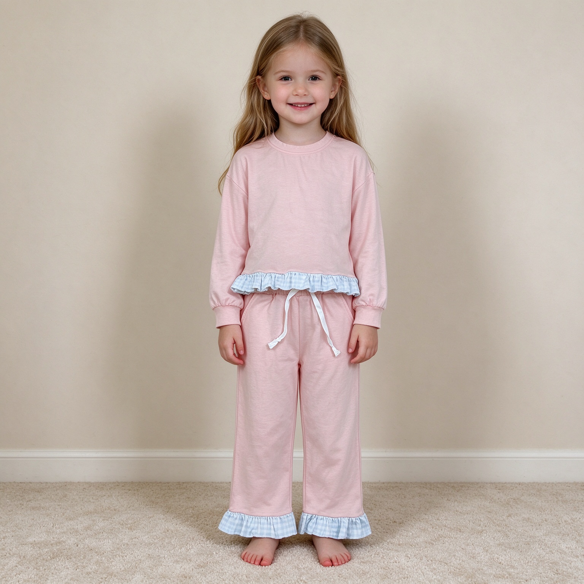 NEW RTS NO MOQ milk silk GLP3754 Baby Girls Pink Long Sleeve Stripe Top Ruffle Pant Casual Outfit
