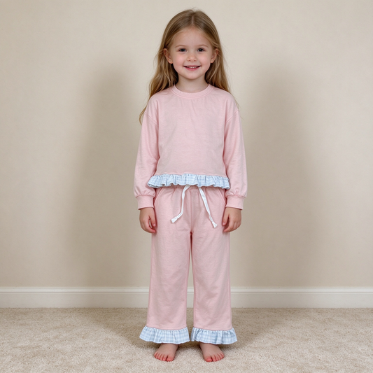 NEW RTS NO MOQ milk silk GLP3754 Baby Girls Pink Long Sleeve Stripe Top Ruffle Pant Casual Outfit