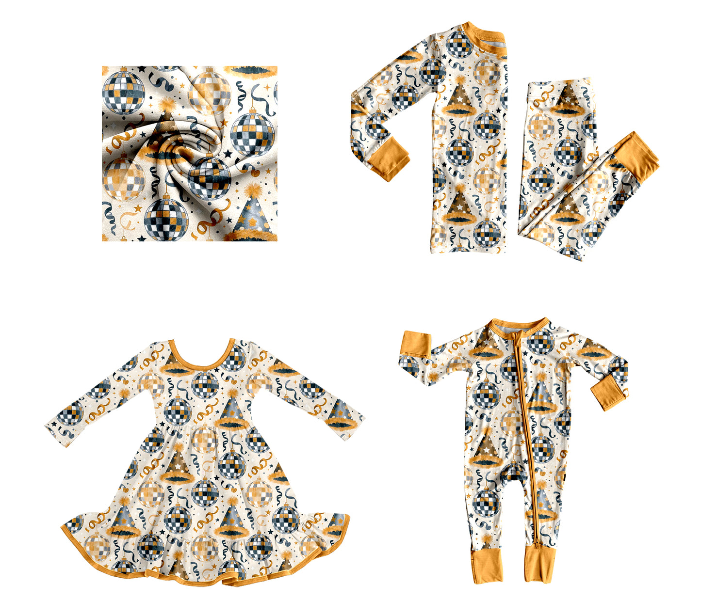 (Preorder new) No moq Baby Toddler New Year Disco Ball Print Outfit Kids Pajamas Zipper Romper Long Sleeve Swing Dress