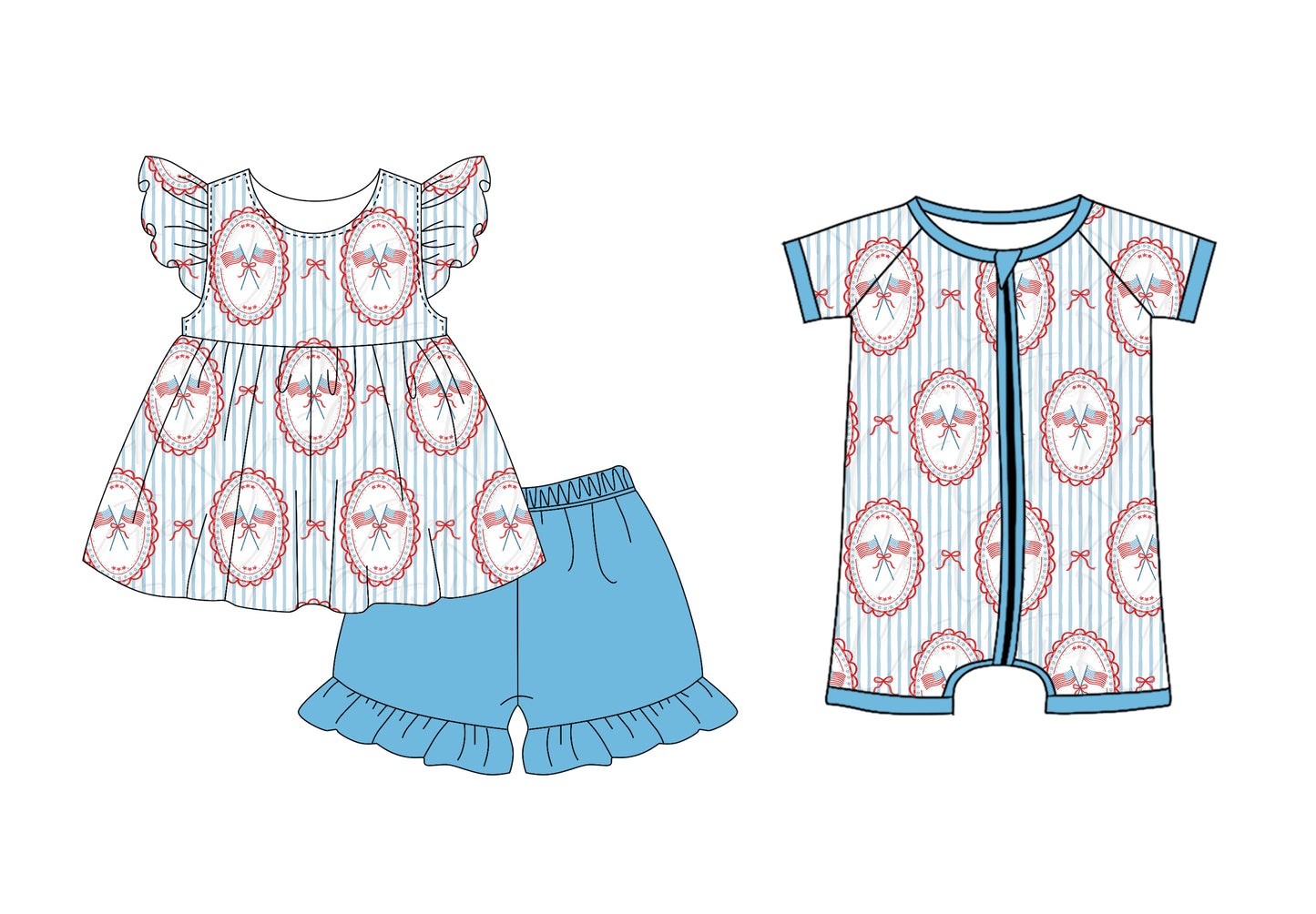 3.16 Custom moq 5 mix size Sibling Baby Girl's 4th of July Flutter-Sleeved Top And Blue Shorts Set with Matching Boy Short-Sleeved Zippered Romper