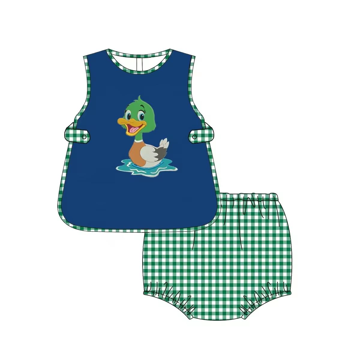 5.16custom each style moq 5eta 4-5week Sibling Sister DUCK print green plaid blue girls and boys outfits and baby romper match family design