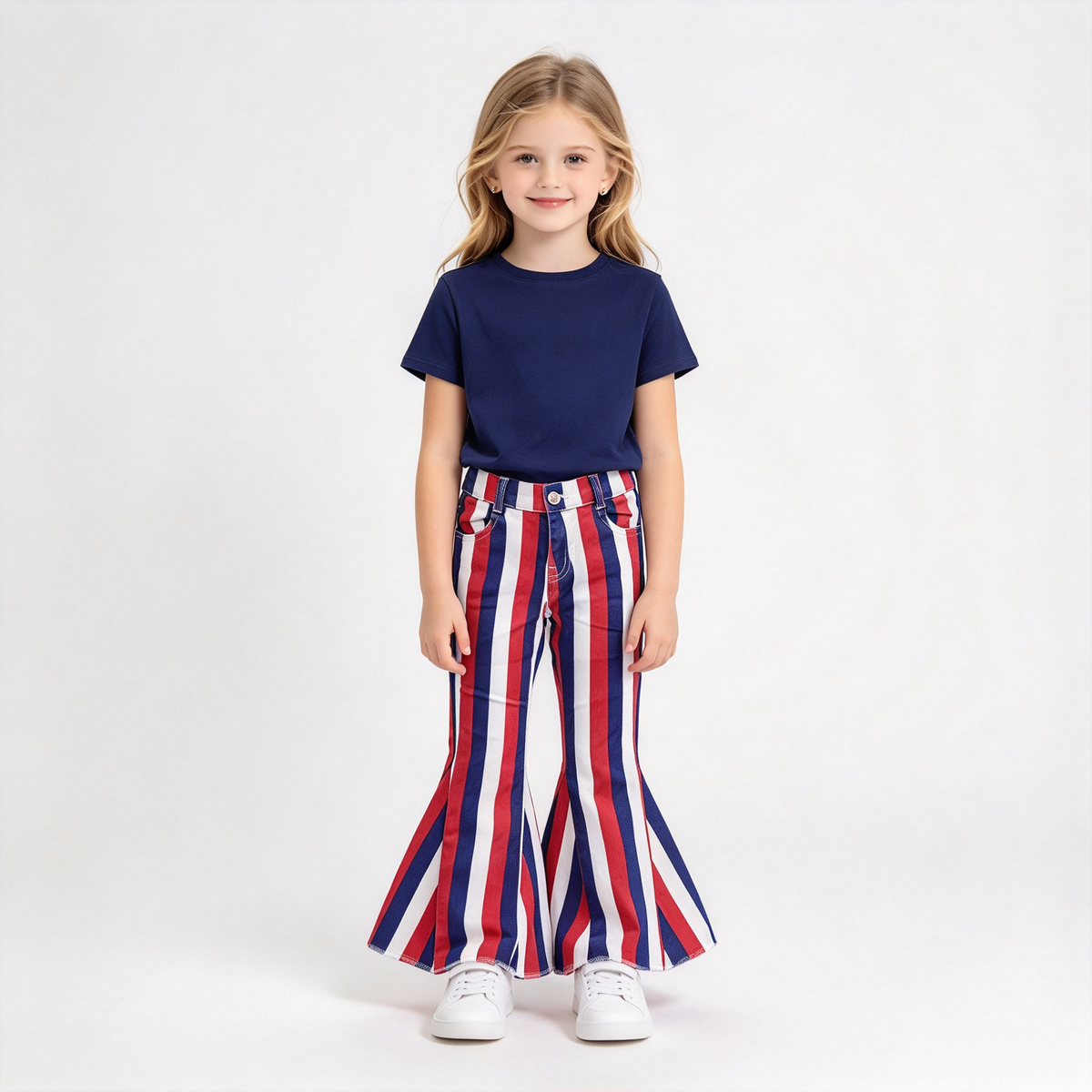 RTS NO MOQ Sibling Denim Baby Girls Stripe Casual Bell Bottom Denim Pants
