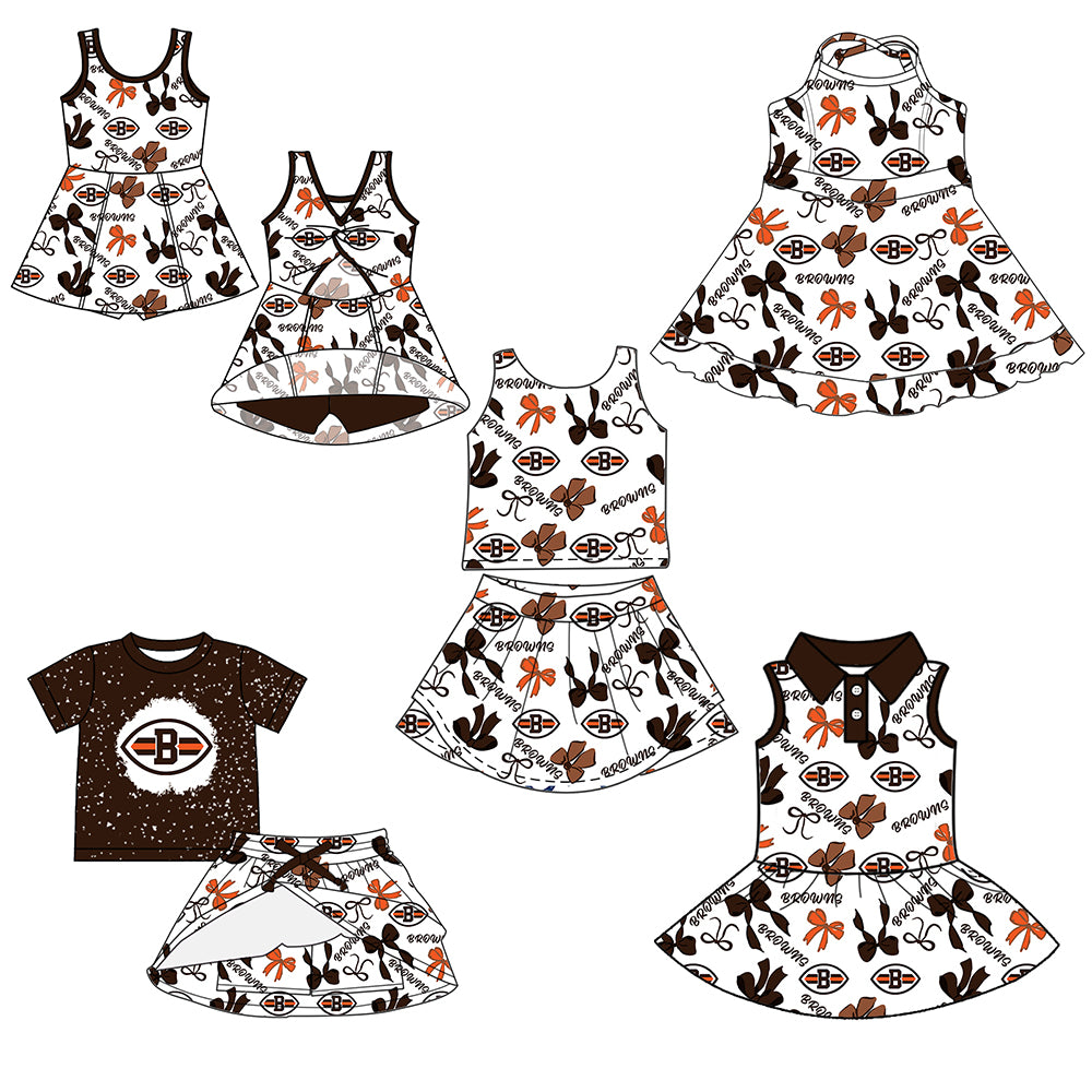 Custom moq 5 mix sizes summer teams baby girls clothes team brick red short sleeve skirts shorts sets 1 and skirts sets 2 and dress 1 and dress 2 and dress 3 and dress 4-25.6.5