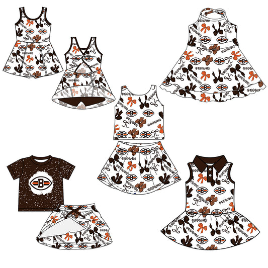 Custom moq 5 mix sizes summer teams baby girls clothes team brick red short sleeve skirts shorts sets 1 and skirts sets 2 and dress 1 and dress 2 and dress 3 and dress 4-25.6.5