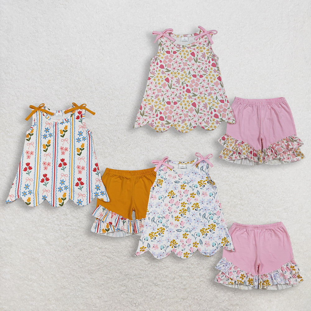 RTS NO MOQ Sibling Baby Girls Bows And Flowers Stripe Scallop Tunic with Ruffle Shorts Cute Outfit Set for Little Ones